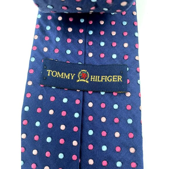 Tommy Hilfiger Navy Blue Polka Dot Silk Tie Classic Preppy Vintage Designer - Picture 4 of 6